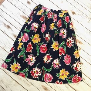 Vintage Navy Multicolor Floral Pleated Pinup Midi
